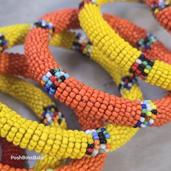 Set of 9 Handmade Maasai-Style Seed Bead Bangle Bracelets – Red, Yellow, Orange - Picture 8 of 11